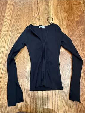 Zara Black Ribbed Long-Sleeve Button Front Top